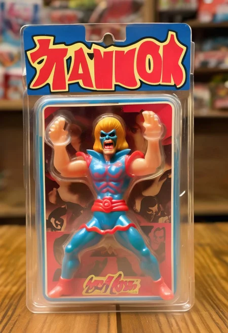 <lora:1987 Action Figure Playset Packaging:1>1987 Action Figure Playset Packaging - A product photo of a 1970s japanese toy clear KISS (Band) The Demon (spitting blood) figure in front of packaging