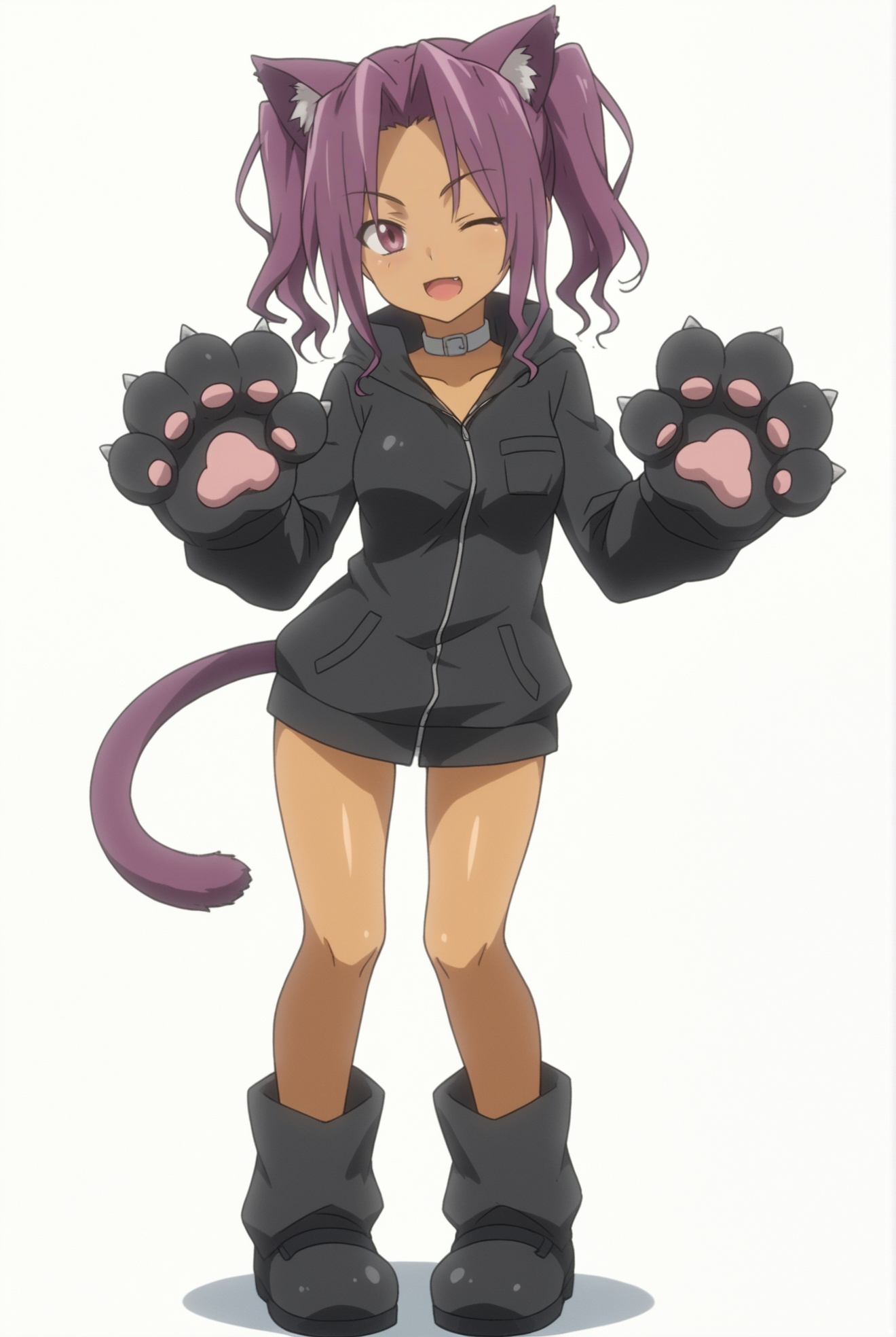 <lora:Rika_Minami:0.8>, white background, Rika Minami, 1girl, one eye closed, solo, animal ears, tail, white background, cat ears, cat tail, paw gloves, full body
