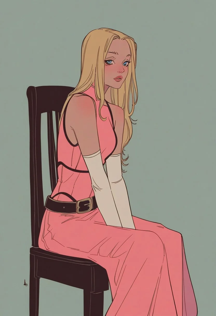score_9, score_8_up, score_7_up, Western Comics, 1girl, gloves, solo, blonde hair, sitting, blue eyes, long hair, white gloves, chair, belt, dress, pink dress,, zPDXL3,  PnyCmicXLPOS, detailxl,  (lineless, vector art:1.5), d34ds34gull