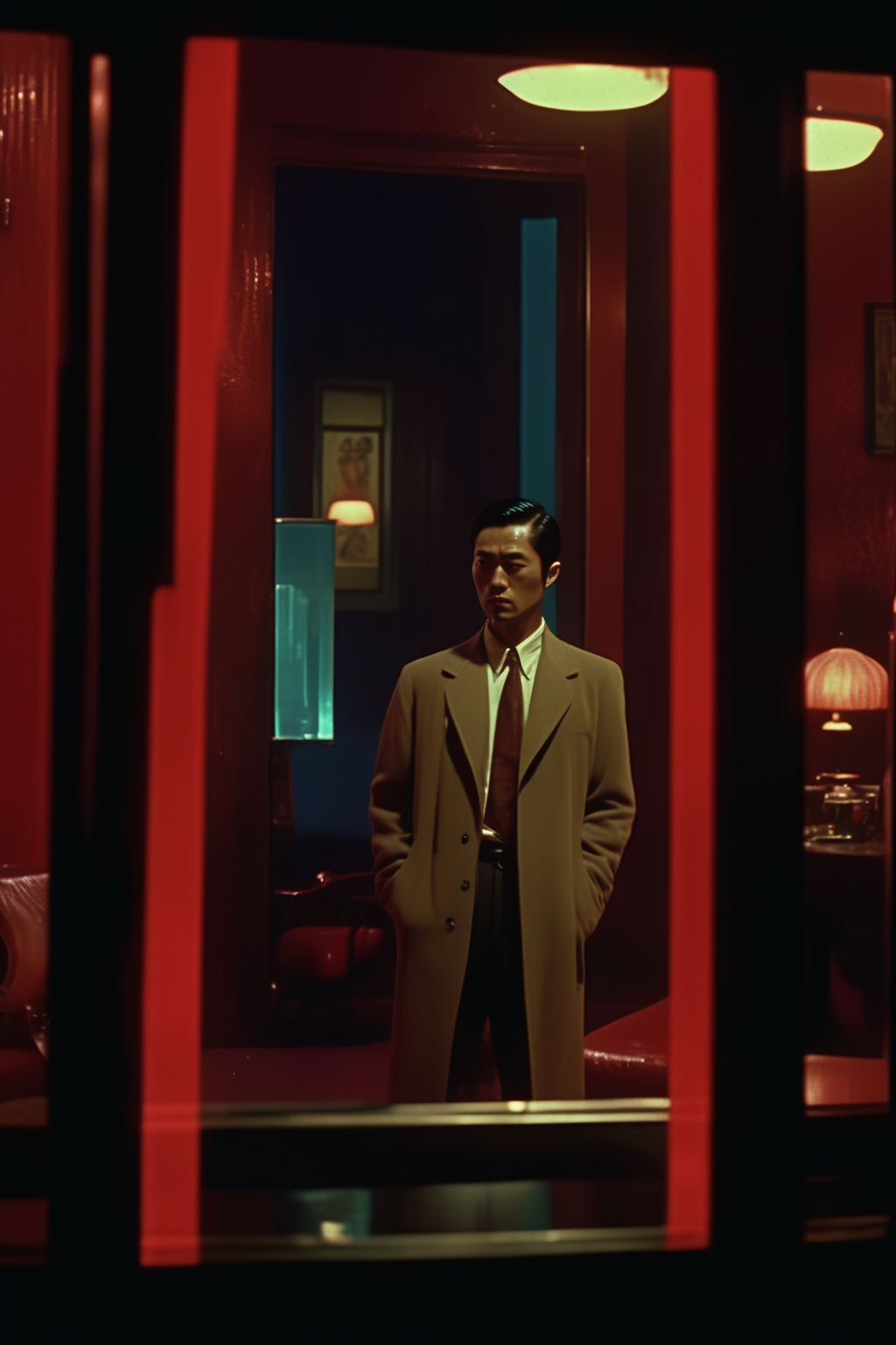 <lora:Director Gaspar Noe style:1>Director Gaspar Noe style - a realistic cinematic shot from wong  love story drama movie depicting, Full body shot, a handsome Asian American detective watching his lover from a distance in the mirror, in the style of visually stunning compositions, unconventional camera angles, handheld shots, and dynamic movements, cinematic sets,  f+ representational, mise-en-scne, ambiance that reflects the emotional landscape of the characters. movie still, dimmed cinematic lighting, busy city, rich and vibrant worlds, bold, saturated colors to convey emotions or themes, vibrant reds, deep blues, and neon lights, a lot of film grains, [120mm lens], [cinestill ], taken with shot with mamiya rz67,