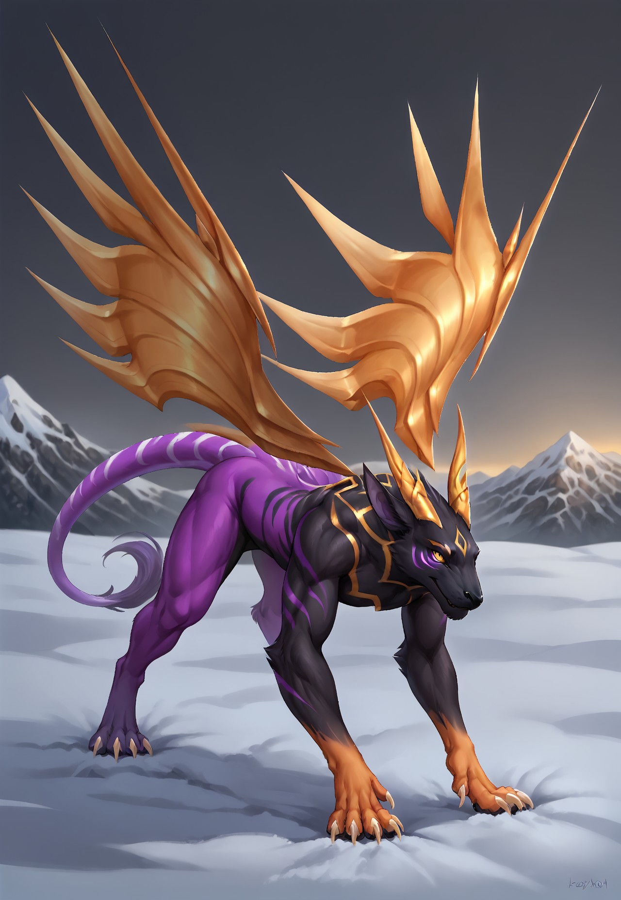 solo. Eothos, Furry dragon,((anthro)), golden mark on forehead, front half of body black with golden stripes, black muzzle, black long black ears, long straight golden horns, golden glowing eyes without pupils, two purple stripes under eyes, golden eyebrows, back half of body purple, front legs orange, hind legs purple, long white claws on paws, long purple tail with white stripes, white tassel at end of tail, golden wings, snow mountains, detailed background