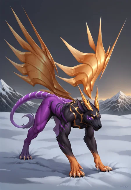 solo. Eothos, Furry dragon,((anthro)), golden mark on forehead, front half of body black with golden stripes, black muzzle, black long black ears, long straight golden horns, golden glowing eyes without pupils, two purple stripes under eyes, golden eyebrows, back half of body purple, front legs orange, hind legs purple, long white claws on paws, long purple tail with white stripes, white tassel at end of tail, golden wings, snow mountains, detailed background