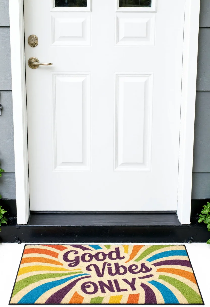<lora:Welcome_Mat_Manufacturer_FLUX-000023:0.9>
This photograph captures a colorful welcome mat placed in front of a white front door. The mat features a vibrant, psychedelic design with the phrase "Good Vibes Only" in bold, white, cursive letters.