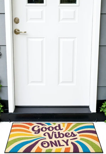 <lora:Welcome_Mat_Manufacturer_FLUX-000023:0.9>
This photograph captures a colorful welcome mat placed in front of a white front door. The mat features a vibrant, psychedelic design with the phrase "Good Vibes Only" in bold, white, cursive letters.
