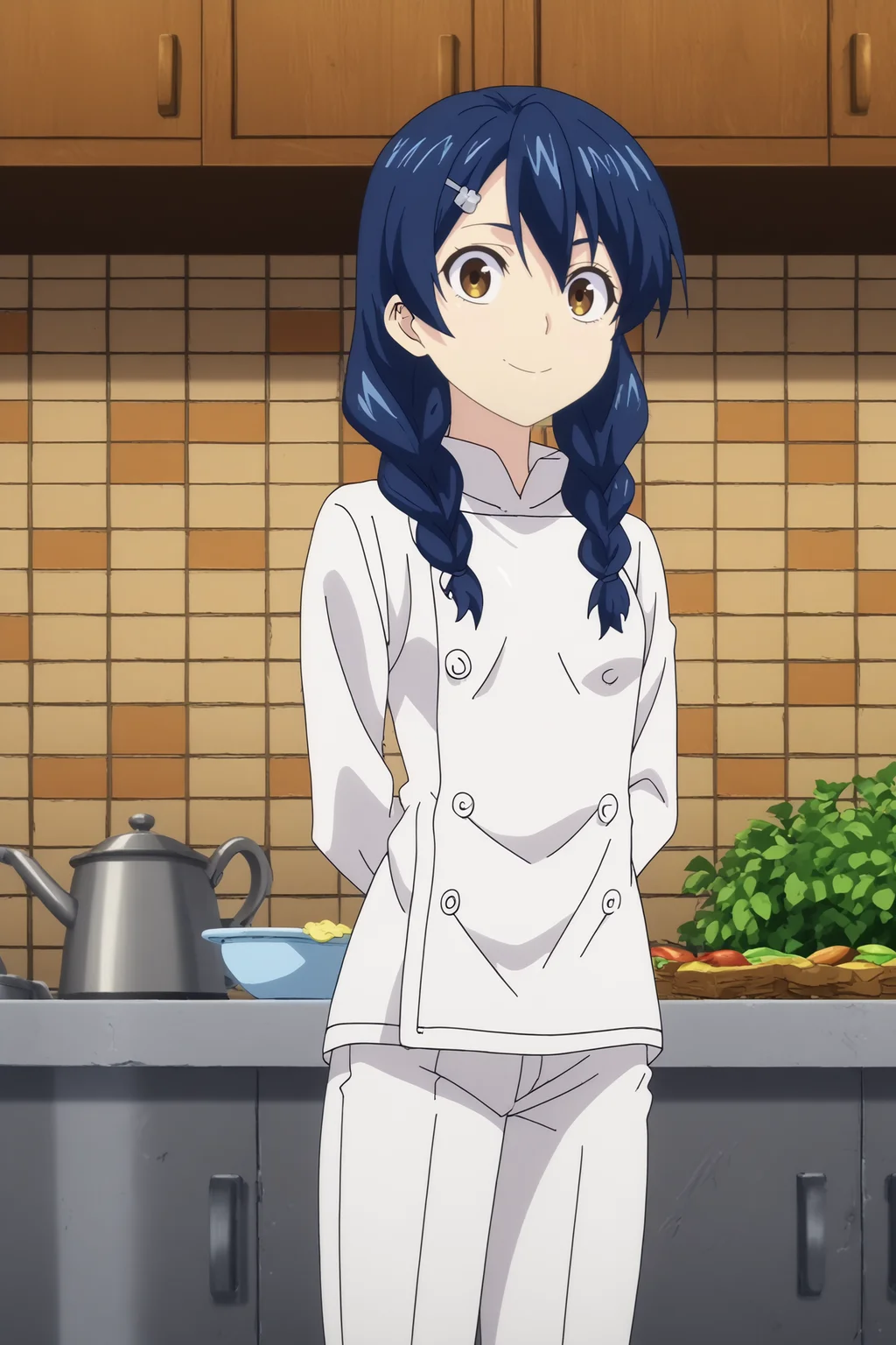 megumi tadokoro,1girl,solo,looking_at_viewer,twin braids,braid,yellow eyes,hair ornament,hair clip,chef,white shirt,white pants,breasts,upperbody,hands behind the back,smile BREAK indoors,Cozy,white walls,small sink, marble countertop, food,vegetables,fridge,fruit, warm light, vintage stove behind,window with a garden, kitchen,orange brick wall,restaurant kitchen <lora:Megumi_Tadokoro_-_Food_Wars.safetensors:0.8> <lora:detailed_backgrounds_v2.safetensors:0.8>