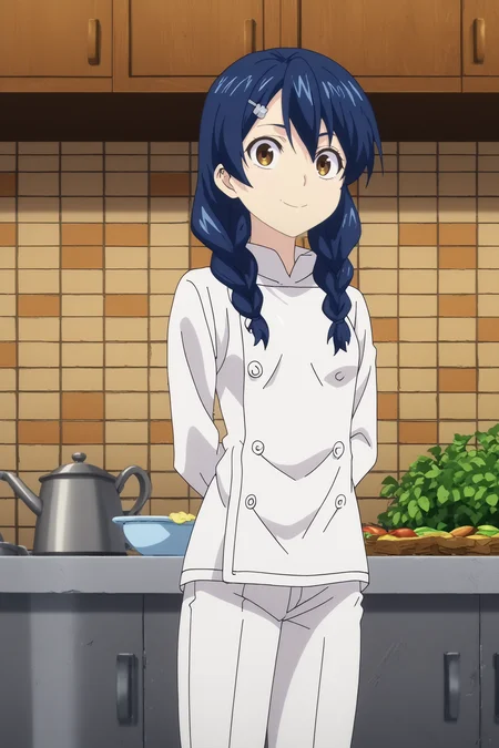 megumi tadokoro,1girl,solo,looking_at_viewer,twin braids,braid,yellow eyes,hair ornament,hair clip,chef,white shirt,white pants,breasts,upperbody,hands behind the back,smile BREAK indoors,Cozy,white walls,small sink, marble countertop, food,vegetables,fridge,fruit, warm light, vintage stove behind,window with a garden, kitchen,orange brick wall,restaurant kitchen <lora:Megumi_Tadokoro_-_Food_Wars.safetensors:0.8> <lora:detailed_backgrounds_v2.safetensors:0.8>