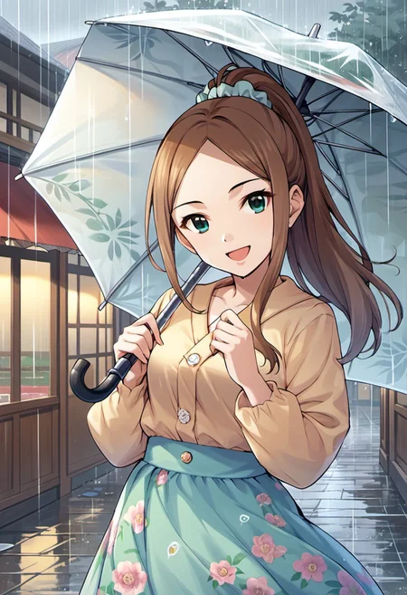 score_9, score_8_up, score_7_up, source_anime, matsuyama kumiko, long hair, brown hair, green eyes, 1girl, umbrella, rain, ponytail, solo, scrunchie, smile, hair scrunchie, open mouth, floral print, looking at viewer, skirt