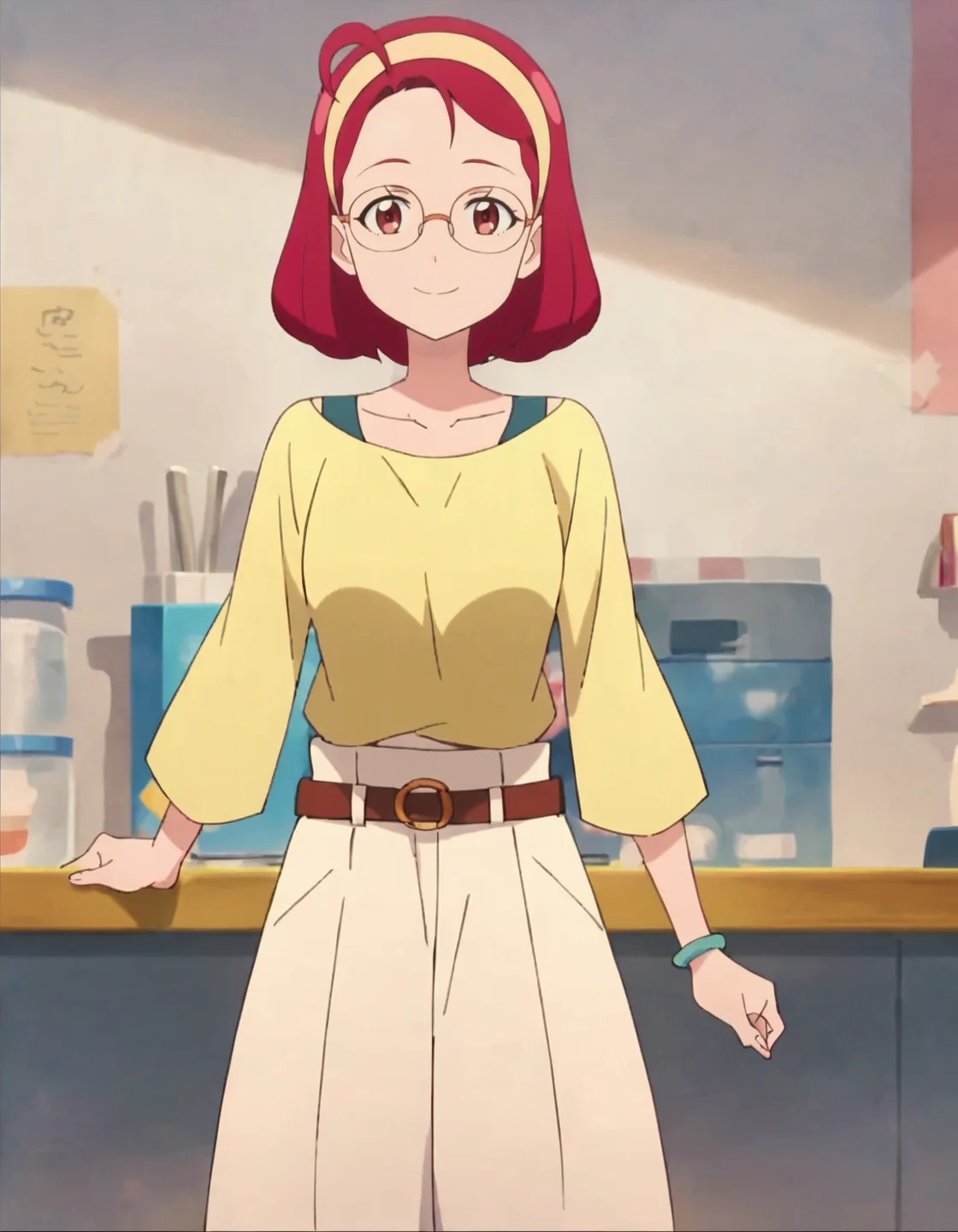 score_9, score_8_up, score_7_up, anime screencap, solo,1girl,hoshinaterumi, glasses, hairband, smile, belt, looking at viewer, skirt, jewelry, long skirt, bracelet, shirt, short hair, yellow shirt, collarbone, long sleeves,cowboy shot,medium breasts, <lora:hoshinaterumi:0.8>