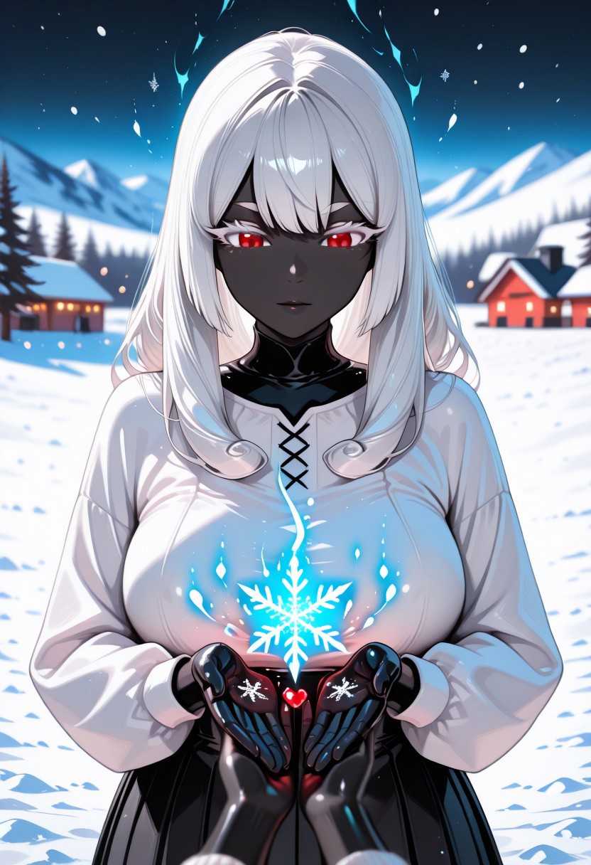 Red eyes, (Red eyes), long hair, waist-length hair, white bob haircut curly with bangs, Long hair, (yehda), Yehda, (Iron black skinned femele), Creating several snowflakes in his hands that form a heart,Iron black skinned femele, Long black pleated dress, Long hair, curly hair, Iron black skin female, Iron black skinned femele, (iron black skinned female), (long white bob haircut curly with bangs) iron_black_skinned_female, Dark_skinned_and_white_hair_female, White eyelashes, White eyebrows,, White eyelashes, breasts covered by dress, covered breasts, masterpiece, best quality, mature female, lazympos, ambient occlusion, depth of field, pov, lifts, snow,, magic glowing aura, 1girl, best quality, depth of field, Midnight, amazing quality, 8K, newest, very aesthetic, slopes, ski resort, blurry background, spring, absurdres