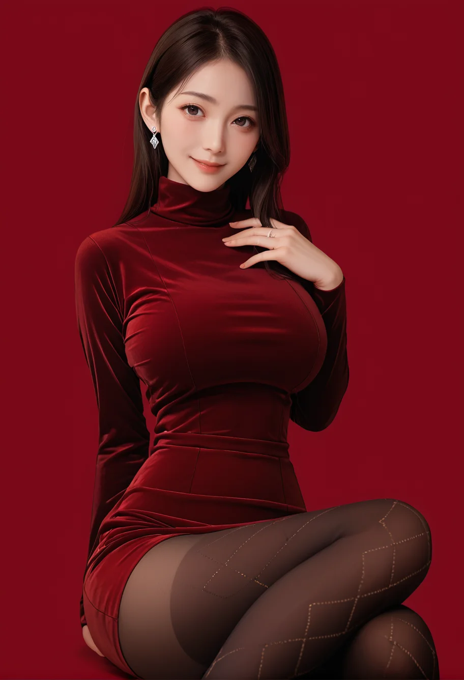 1girl,red background,,ruanyi0965,red dress,short dress,black pantyhose,argyle legwear,turtleneck,<lora:0965 Home wear 12_v1_pony:1>, score_9, score_8_up, score_7_up, score_6_up, score_9, score_8_up, score_7_up, score_6_up source_anime, blush, 1girl, seduce smile, perfect body , natural huge breasts