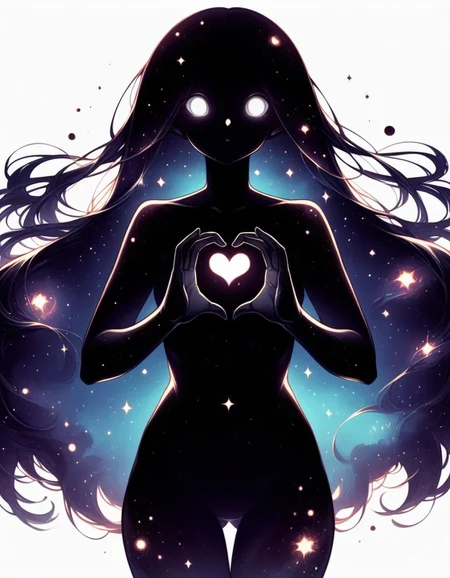 score_9,score_8_up,score_7_up,   <lora:Navi_Celestial_Skin_PonyXL:1.1> nv-celestialskin  ,   colored skin,  void cosmic body, deep black skin, silhouette, nebula, faceless female, long hair, sanpaku, grey eyes,
solo, standing , heart hand duo, cowboy shot, looking at viewer,  dutch angle, white background,
