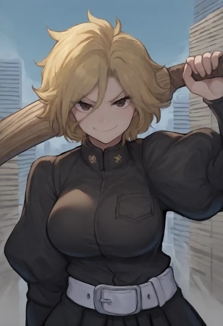masterpiece, best quality, newest, absurdres, highres, outdoors, closed mouth, 1girl, solo, dimaria, brown eyes, bangs, short hair, blonde hair, hair between eyes, gakuran jacket, long sleeves, puffed sleeves, white belt, hakama pants, holding wooden sword, weapon over shoulder, cowboy shot, smug, smile, looking at viewer, cityscape  <lora:Dimaria_Yesta_all_in_one_last_Illustrious:1>