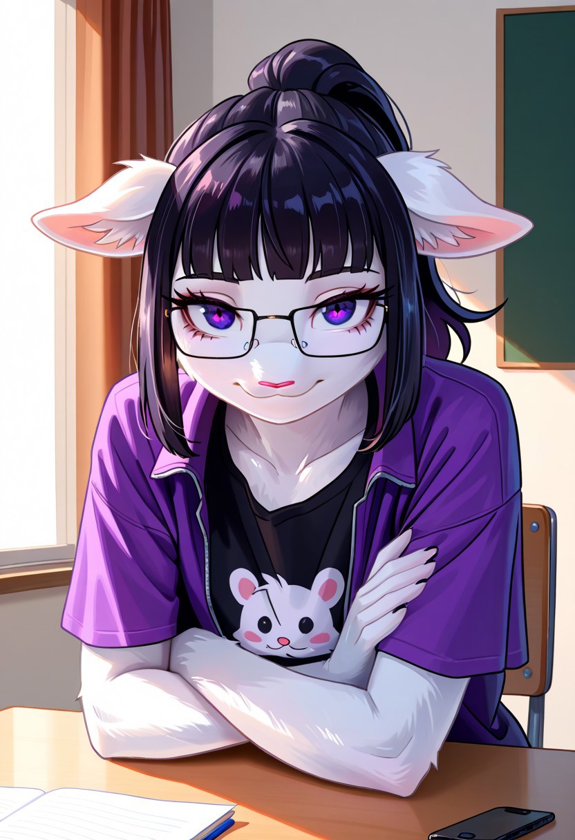 masterpiece, best quality, very aesthetic, absurdres,
indoors, sitting at desk, bedroom, arms crossed, resting head down, subtle smile, coy eyes, looking at viewer, 
upper body, headshot, 
t-shirt, open jacket, 
happy, long eyelashes,
<lora:Tala_v01_NAIXL:1>
T4l4,1girl,solo,furry,furry female,black hair,animal ears,ponytail,blunt bangs,purple eyes,glasses,snout,animal nose,body fur,white fur,