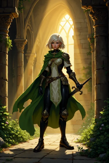 <lora:FANCHA_v.4:0.5> Fancha style. This is a vibrant, highly detailed digital illustration in a fantasy art style. The central figure is a confident, armored woman standing in a grand, ancient stone courtyard bathed in warm, golden light from a large, arched window behind her. The setting appears to be an ancient, Gothic-style castle or cathedral, with tall, intricately carved stone columns on either side, and lush green foliage and flowers growing around the base of the walls. The woman, likely a warrior, has short, platinum blonde hair styled in a bob, with a fierce expression. She wears a detailed, ornate suit of armor: a green and gold breastplate with intricate patterns, white long-sleeved tunic, and black leather pants. Over her armor, she wears a flowing green cape with golden trim, secured by a clasp at her neck. Her gloves are black and gauntleted, and she wields a sword with a silver blade in her right hand, held at her side. Her armor is adorned with golden accents and her boots are black and sturdy. The background features a dramatic, ethereal glow, suggesting either dawn or dusk, casting a warm, golden light on the scene.