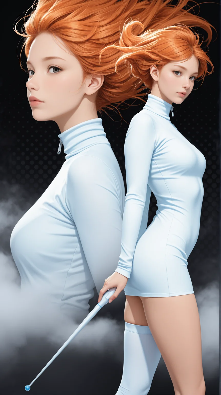 1girl, woman,
masterpiece, best quality, high quality, absurdres, very aesthetic, 8k, depth of field, subject focus, face_focus, detailed eyes, looking at viewer,
black background, fog, neon backlight, halftone background, giant square,
sirene expression, floating hair,
multi view, side view, front view, back view,
skin pressed, dynamic posing,
ginger hair, messy ponytail, zipper-dress, turtleneck, thighs, single_thighhigh, sporty, giant wand,
futuristic, modern