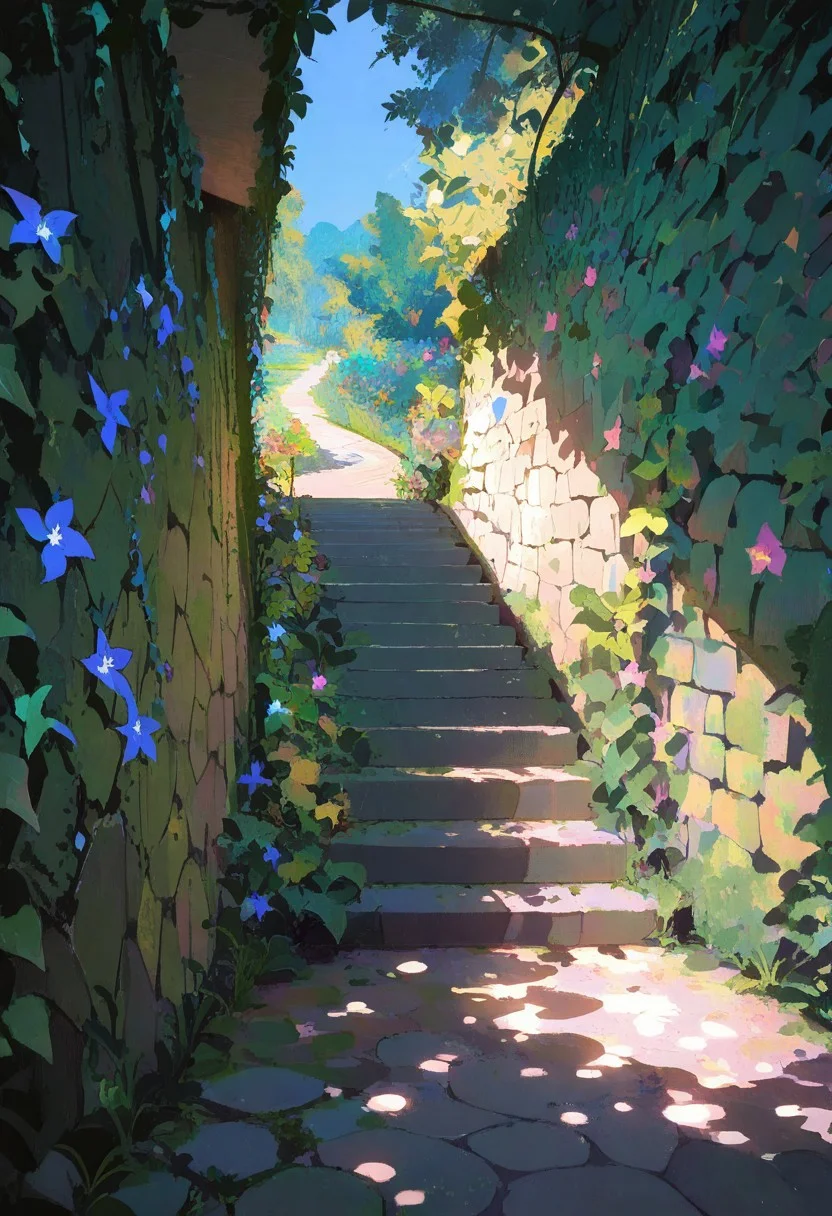 masterpiece, best quality, absurdres, outdoors, bright blue sky, sunlight, scenery, nature, stairs, road, shade, dappled sunlight,
secret side path, ivy covering old wall, flowers growing out of stone,
straight on, <lora:ponyv6_noobE11_2_adamW-000017:0.7> <lora:mengxuanliart:0.8>