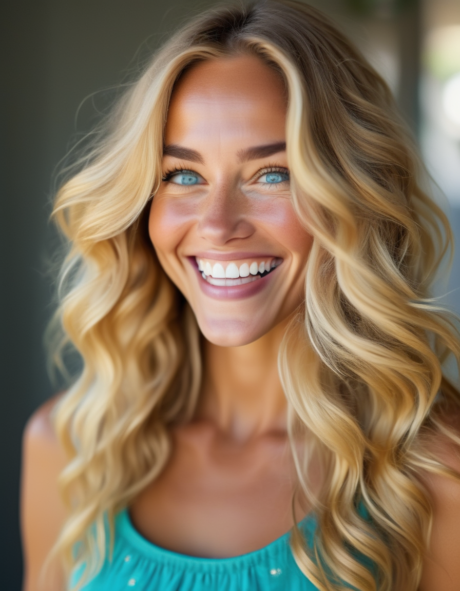 A striking portrait of a woman with long, wavy golden blonde hair, her blue-green eyes filled with joy, and her bright, open smile lighting up her face. <lora:usual-portrait-v2:1>