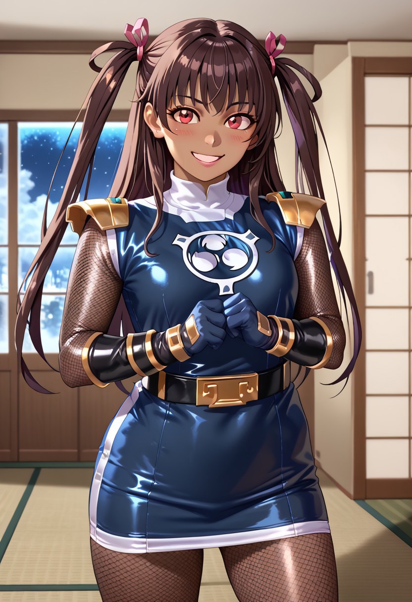 score_9, score_8_up, score_7_up, BREAK,
1girl, solo, defYuki, tan, dark-skinned female, brown hair, red eyes, two side up, long hair, sentaikageblue, shiny clothes, spandex, silver bodysuit, fishnet bodysuit, bodysuit under clothes, black dress, shoulder pads, black belt, black gloves, boots, boots, blush, small smile, looking at viewer, indoors, tatami, sliding door, room, night,