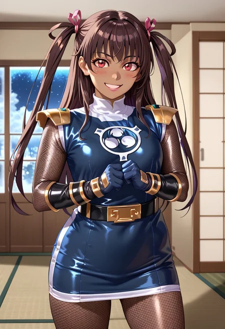 score_9, score_8_up, score_7_up, BREAK,
1girl, solo, defYuki, tan, dark-skinned female, brown hair, red eyes, two side up, long hair, sentaikageblue, shiny clothes, spandex, silver bodysuit, fishnet bodysuit, bodysuit under clothes, black dress, shoulder pads, black belt, black gloves, boots, boots, blush, small smile, looking at viewer, indoors, tatami, sliding door, room, night,