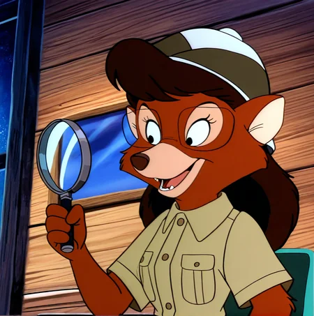(masterpiece), (best quality), (ultra-detailed), amazing quality, very aesthetic, perfect composition, absurdres, incredibly absurdres, <lora:myrafoxworthy:1>, 1girl, holding magnifying glass, solo, smile, open mouth, shirt, hat, holding, upper body, short sleeves, teeth, pith helmet , collared shirt, indoors, buttons, furry, retro artstyle, myra foxworthy, glasses, furry female, fox girl, brown hair, body fur, screenshot, animation cel,