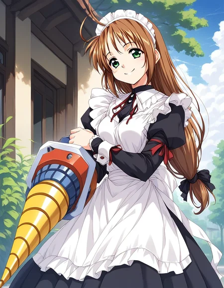 score_9, score_8_up, score_7_up, source_anime, rating_explicit, BREAK <lora:Spiral_Nami_Ver2.0_XL:1> Spiral_Nami_drill, brown hair, green eyes, maid headdress, ahoge, low-tied long hair, maid,
smile,
outdoor, sky,