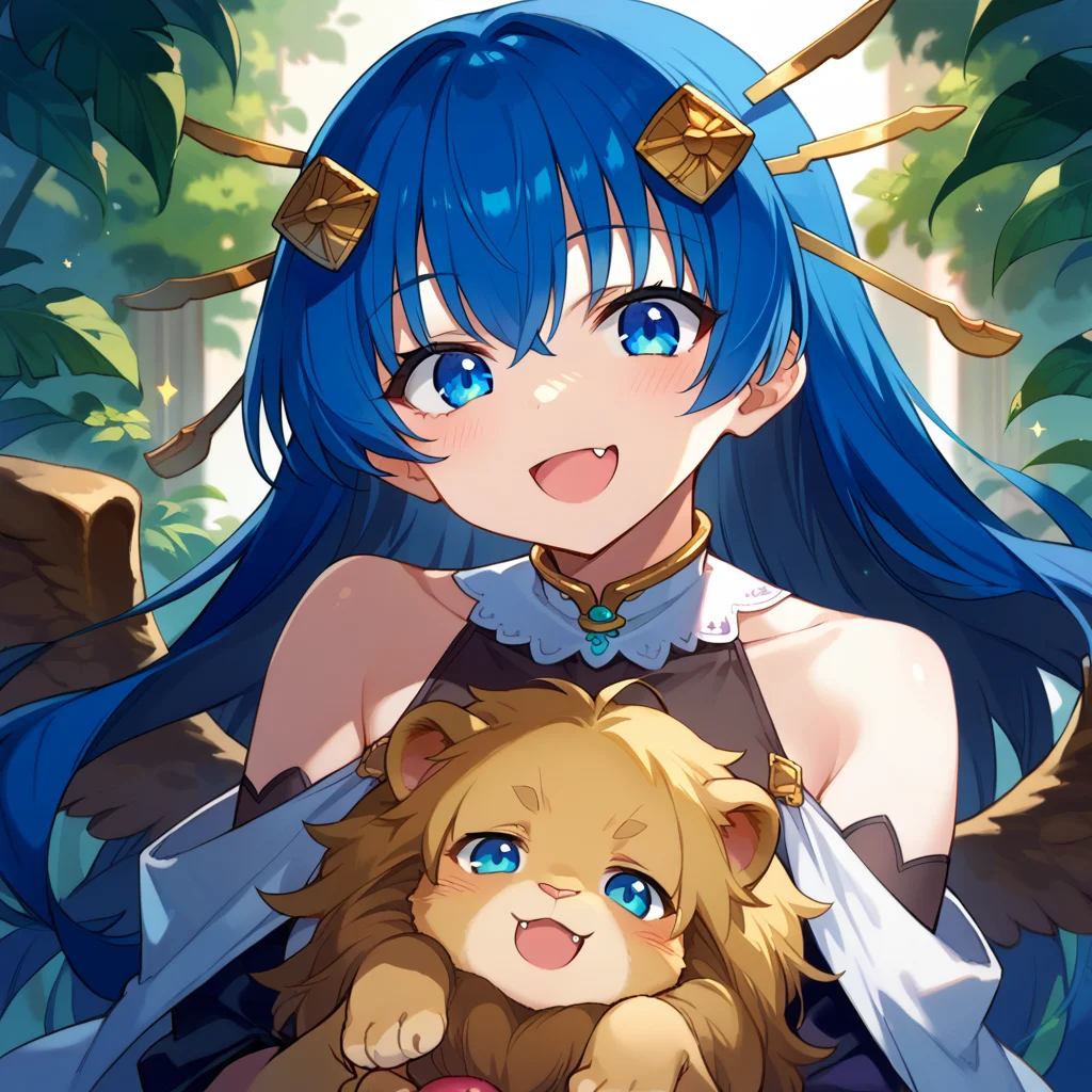 score_9, score_8_up, score_7_up, source anime, lia parapara leazas, 1girl, blue eyes, long hair, smile, open mouth, hair ornament, blue hair, looking at viewer, bare shoulders, animal, lion, blush, upper body, wings, holding, :d, fang, solo, holding animal, <lora:liya-xl-pony-v1:1>,