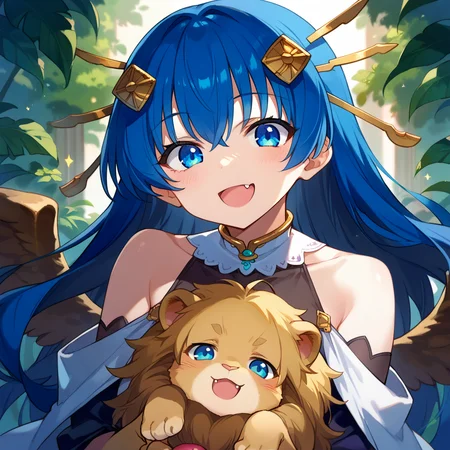 score_9, score_8_up, score_7_up, source anime, lia parapara leazas, 1girl, blue eyes, long hair, smile, open mouth, hair ornament, blue hair, looking at viewer, bare shoulders, animal, lion, blush, upper body, wings, holding, :d, fang, solo, holding animal, <lora:liya-xl-pony-v1:1>,