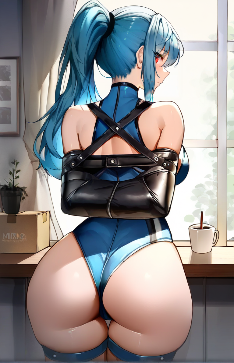 (miurahha, bacius, ririko \(fhnngririko\):0.45), masterpiece, best quality, 1girl,   <lora:boxtiearmbinder-illus:1> box-tie armbinder, arms behind back