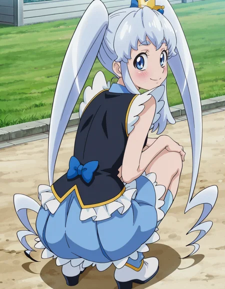 anime screencap, solo,1girl,cureprincess,looking at viewer,smile,
small breasts,from behind,skirt,squatting,blush<lora:cureprincess_IL:0.8>
high definition,amazing quality,best quality,very aesthetic,masterpiece,absurdres,