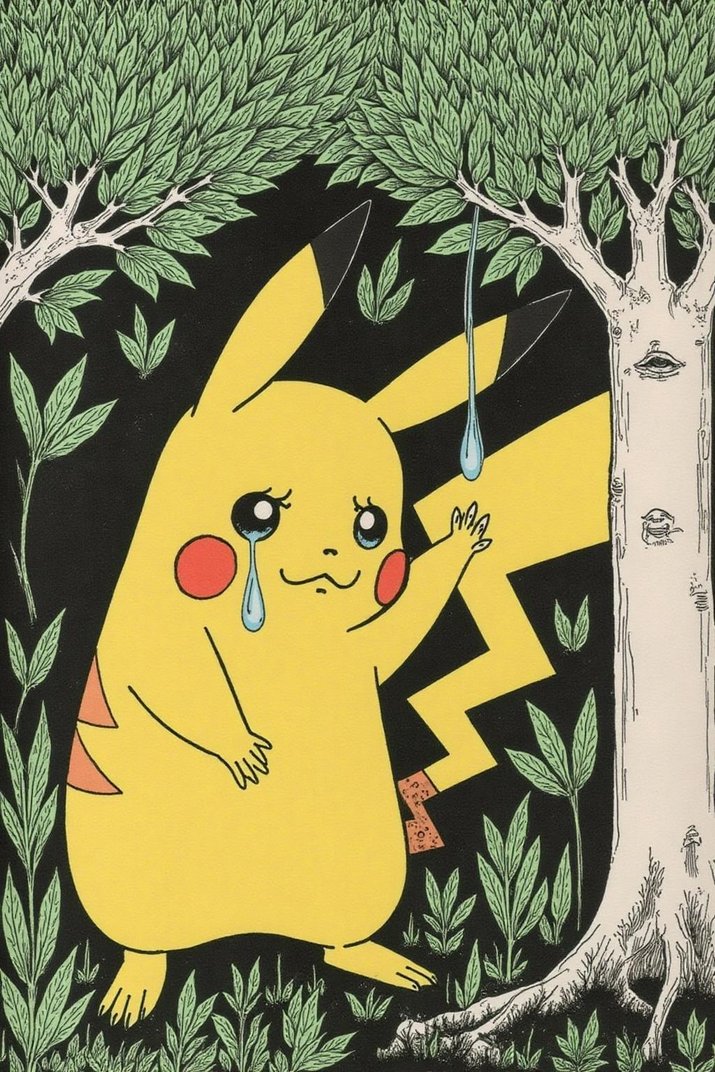 aubreybeardsley1 illustration.
Pikachu crying, large tear drops on his face, under a green tree, <lora:aubreybeardsley3_cap_d6a3e12:1.0><lora:844797815180852392:0>