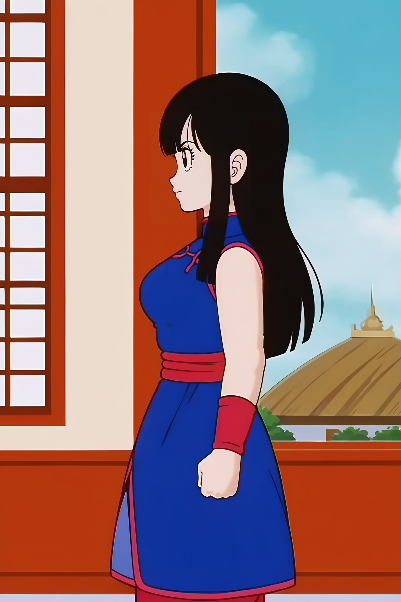 source_anime, score_9, score_8_up, score_7_up, anime screencap,8k, absurdres,
chi-chi, aged up, (((hair down))), 1girl, solo, long hair, breasts, bangs, world martial arts tournament arena, black hair, mountain, bare shoulders, medium breasts, closed mouth, standing, sleeveless, black eyes, from side, profile, sleeveless dress, blue dress, chinese clothes, red wristband, straight hair, arms at sides, red sash, red pants, arm at side,
<lora:chichidb_pony_v2:0.8>