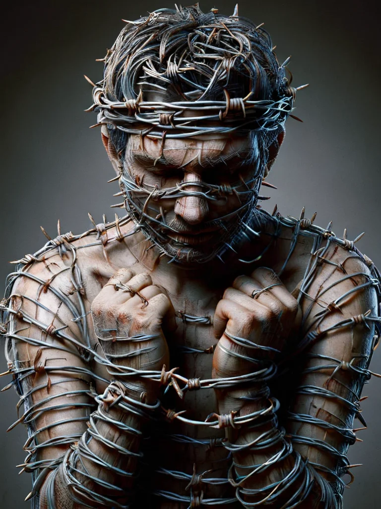 a war prisoner tortured and hands cuffed <lora:ral-barbwire:1> ral-barbwire