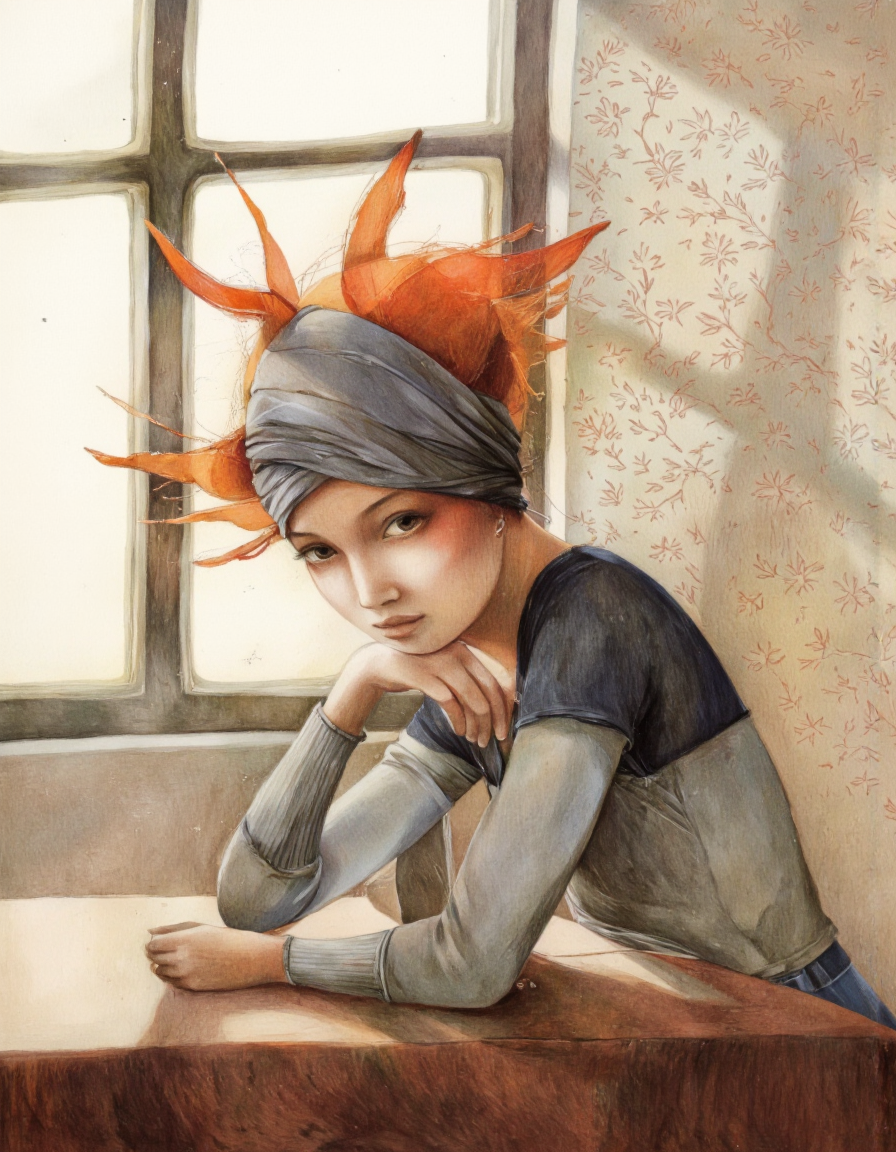 By Rébecca Dautremer. An illustration shoot from a profile camera angle about a girl with orange hair and a headscarf, resting her chin on a table, looking thoughtful. the image also shows a soft, warm color palette with a floral patterned wall in the background. on the middle of the image, a 1girl, with light skin, freckles, and a neutral expression, is sitting at a table with her hands resting on her chin. she is wearing a grey headband and a grey long-sleeved shirt. her hair is styled in an afro and her eyes are looking directly at the viewer. the background is a softly lit room with a window.