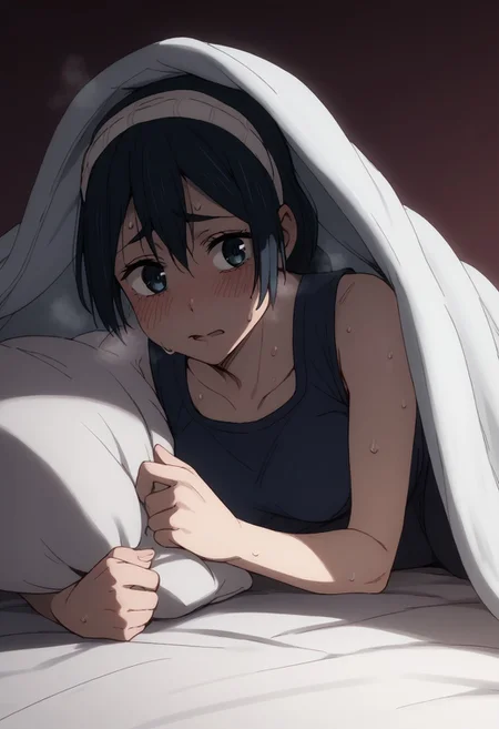 score_9, score_8_up, score_7_up, score_6_up, score_5_up, score_4_up, BREAK, 1girl, solo,
bed invitation, on bed, on side, pillow, under covers,
Medium breasts,, 1girl, solo, riko,
sweat, heat, dark room,