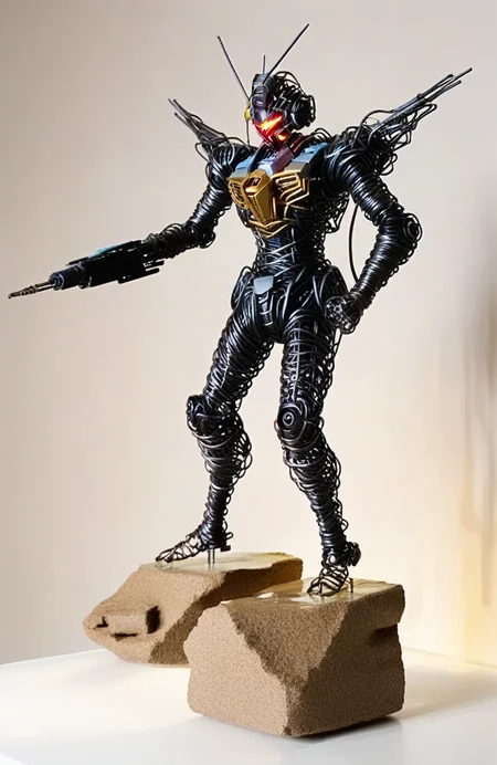 wire art, Gundam Mecha stands in the middle of the broken continent, the end of the rapid water flow, science fiction art, light and shadow gradient of the sky<lora:éä¸èºæ¯:0.7>