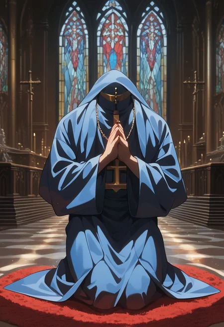 score_9, score_8_up, score_7_up, source_anime, rating_safe, godrays, UgoMAGI, blue_Ugo_skin, 1boy, male focus, robes, priest clothing, kneeling, praying, hands with five fingers, blurry indoors church, red carpet, stained glass, symmetry,