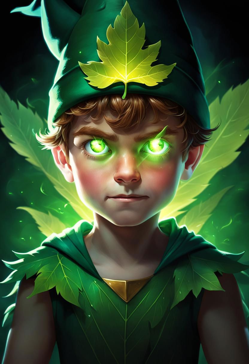 (masterpiece),
laser eyes portrait of Peter Pan, young boy, child, little boy, full body, green hat, leaf costume, intense laser eyes, bright eyes, big eyes, 
fight pose, looking smug, green glowing eyes, lens flares for eyes,
black background,