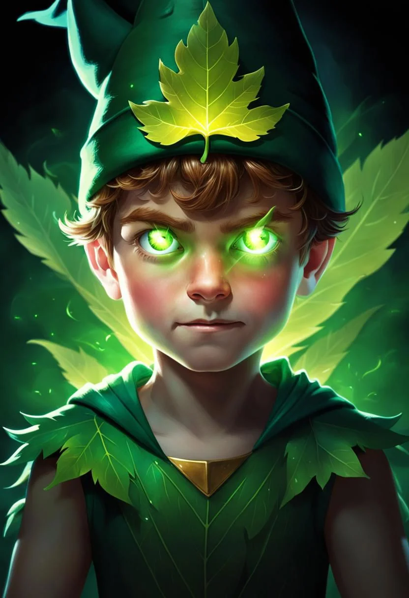 (masterpiece),
laser eyes portrait of Peter Pan, young boy, child, little boy, full body, green hat, leaf costume, intense laser eyes, bright eyes, big eyes,
fight pose, looking smug, green glowing eyes, lens flares for eyes,
black background,