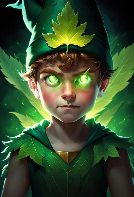 (masterpiece),
laser eyes portrait of Peter Pan, young boy, child, little boy, full body, green hat, leaf costume, intense laser eyes, bright eyes, big eyes,
fight pose, looking smug, green glowing eyes, lens flares for eyes,
black background,