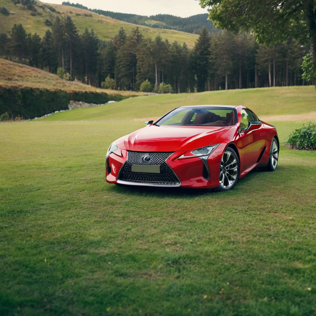 realistic photo of a red lexuslc car on green grass, outside, cinematic,  <lora:LexusLC_SDXL_v1:1>