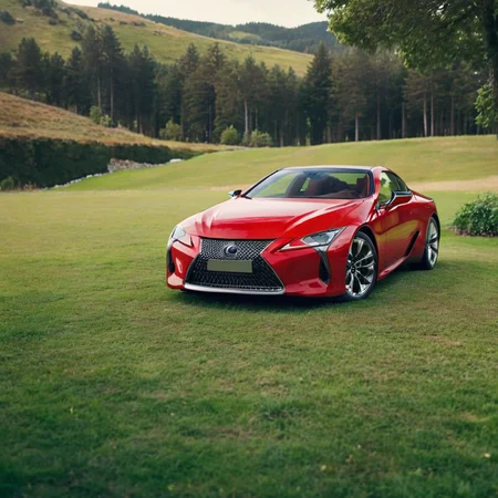 realistic photo of a red lexuslc car on green grass, outside, cinematic, <lora:LexusLC_SDXL_v1:1>