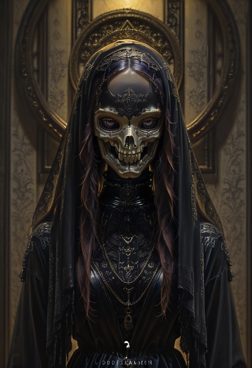 (absurdres, highres, masterpiece, absurdly_hires, best_quality, depth_of_field, cyberpunk, futuristic, science_fiction, biomechanical, mechabare, textured_hair, textured_clothing, skin texture, realistic, blender_\(artwork\), photo-referenced, photo_background)
(dre4mingde4th, solo, upper_body, looking_at_viewer, mask, skull_mask, veil, gold, long_hair, dark_hair, black_gloves, lace, gothic, jewelry, chains, ornate, detailed, dramatic_lighting, mysterious, black_dress, wall_background, shadow)