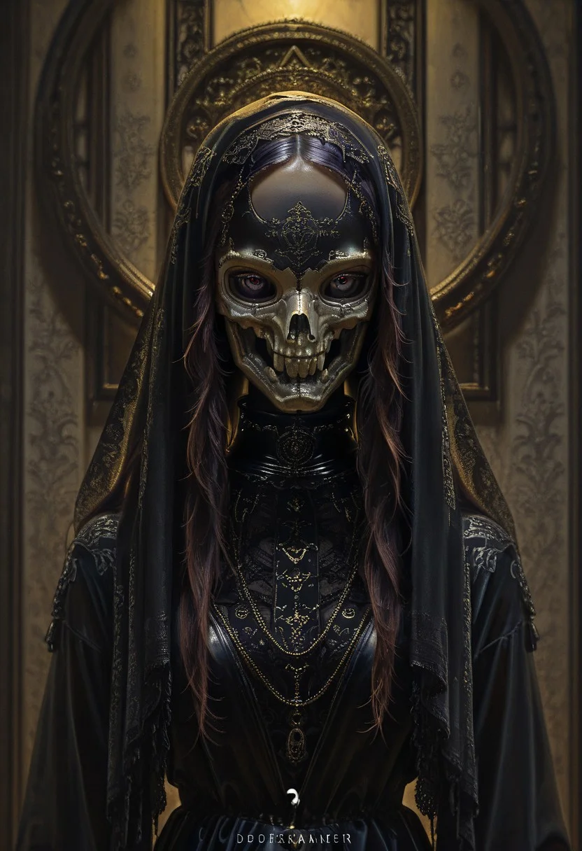 (absurdres, highres, masterpiece, absurdly_hires, best_quality, depth_of_field, cyberpunk, futuristic, science_fiction, biomechanical, mechabare, textured_hair, textured_clothing, skin texture, realistic, blender_\(artwork\), photo-referenced, photo_background)
(dre4mingde4th, solo, upper_body, looking_at_viewer, mask, skull_mask, veil, gold, long_hair, dark_hair, black_gloves, lace, gothic, jewelry, chains, ornate, detailed, dramatic_lighting, mysterious, black_dress, wall_background, shadow)