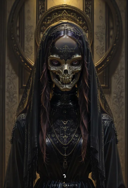 (absurdres, highres, masterpiece, absurdly_hires, best_quality, depth_of_field, cyberpunk, futuristic, science_fiction, biomechanical, mechabare, textured_hair, textured_clothing, skin texture, realistic, blender_\(artwork\), photo-referenced, photo_background)
(dre4mingde4th, solo, upper_body, looking_at_viewer, mask, skull_mask, veil, gold, long_hair, dark_hair, black_gloves, lace, gothic, jewelry, chains, ornate, detailed, dramatic_lighting, mysterious, black_dress, wall_background, shadow)