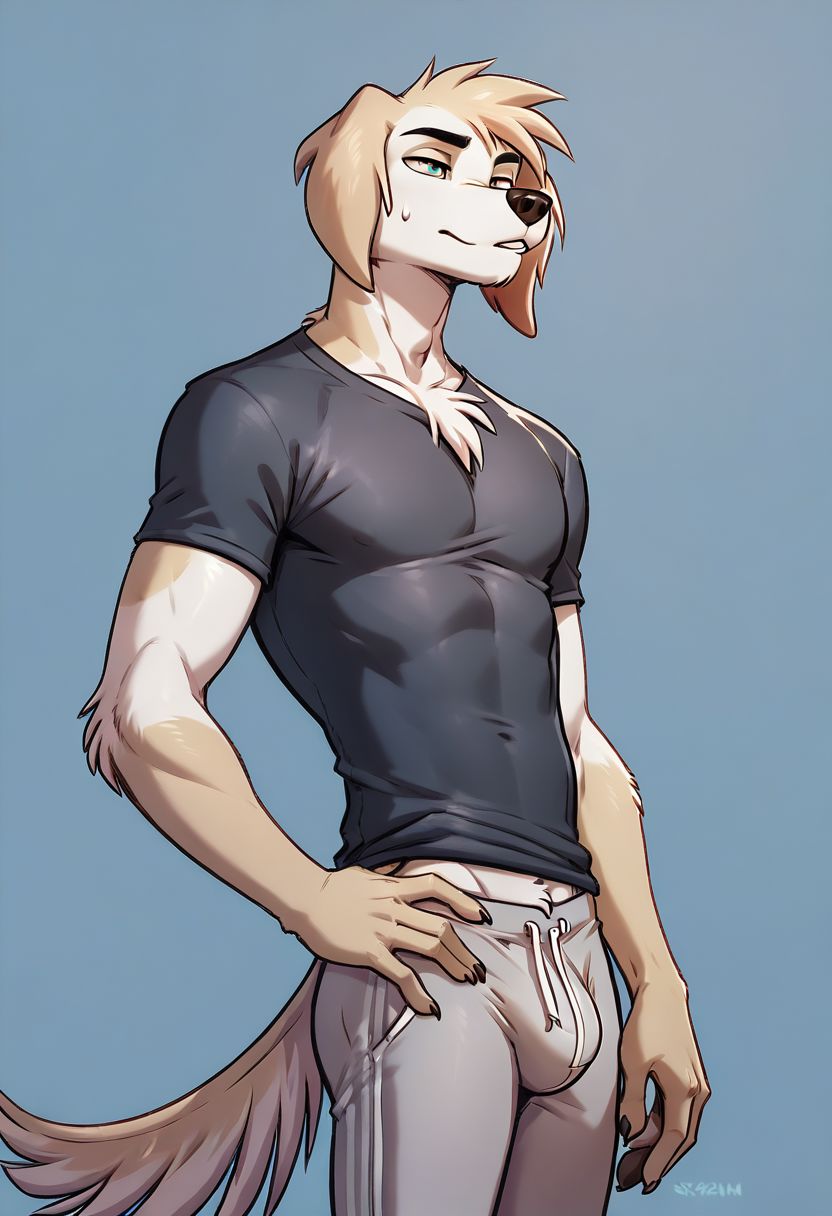 score_9, score_8_up, score_8, 1boy, Sebastian, anthro dog, smooth, highly detailed, perfect, tight T-shirt, grey sweatpants,