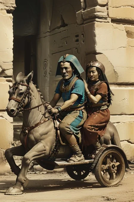 n image of ancient Egyptian pharaohs riding Segways instead of chariots, accompanied by a humorous explanation about how they were ahead of their time in transportation