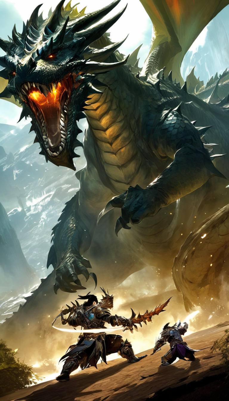 Cinematic scene, adventurers fighting a giant dragon, detailed background, masterpiece, best quality, high quality, absurdres, guild wars 2 <lora:guild_wars_xl_v3:1>