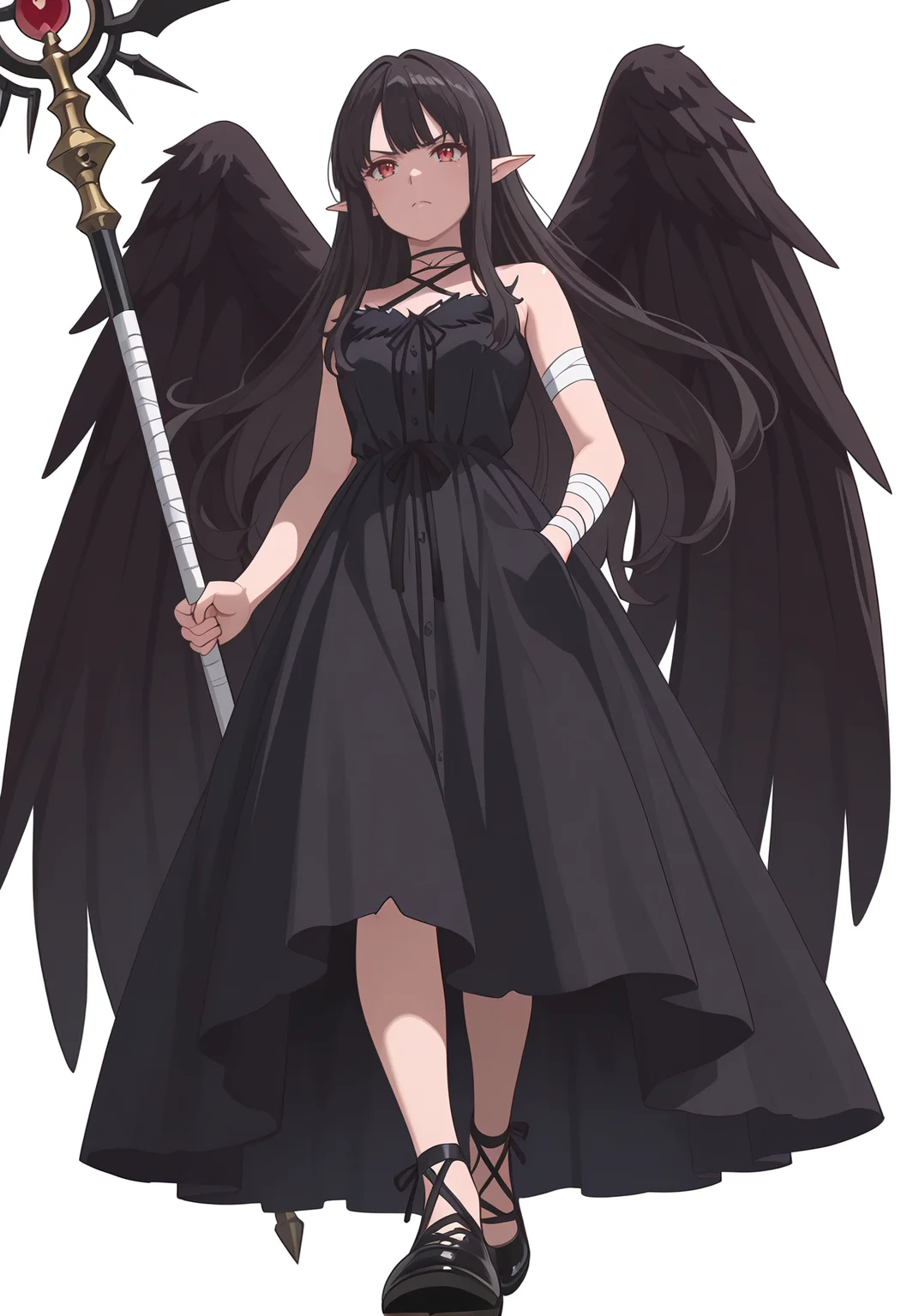 Smooth Quality,masterpiece,very intricate, high quality details, ultra realistic, high detailed skin,detailed enviorement,absurdres,
simple background, white background,
from below,angry,walking pose, one hand in pocket, head slightly turned, casual stride, confident aura,  ,
{sword| staff}
 <lora:Reese_evecnn:0.8>evecnn,1girl, long hair, black hair, red eyes, pointy ears, bangs, black dress, sleeveless dress, halterneck, criss-cross halter, choker, shoes, black footwear, black wings, feathered wings, bandages,
