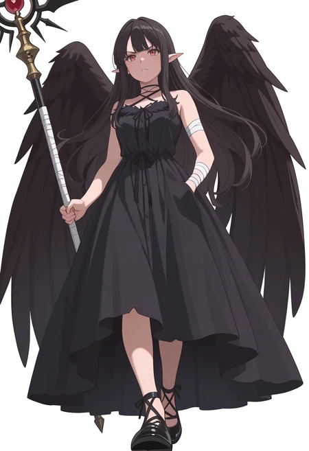 Smooth Quality,masterpiece,very intricate, high quality details, ultra realistic, high detailed skin,detailed enviorement,absurdres,
simple background, white background,
from below,angry,walking pose, one hand in pocket, head slightly turned, casual stride, confident aura, ,
{sword| staff}
<lora:Reese_evecnn:0.8>evecnn,1girl, long hair, black hair, red eyes, pointy ears, bangs, black dress, sleeveless dress, halterneck, criss-cross halter, choker, shoes, black footwear, black wings, feathered wings, bandages,