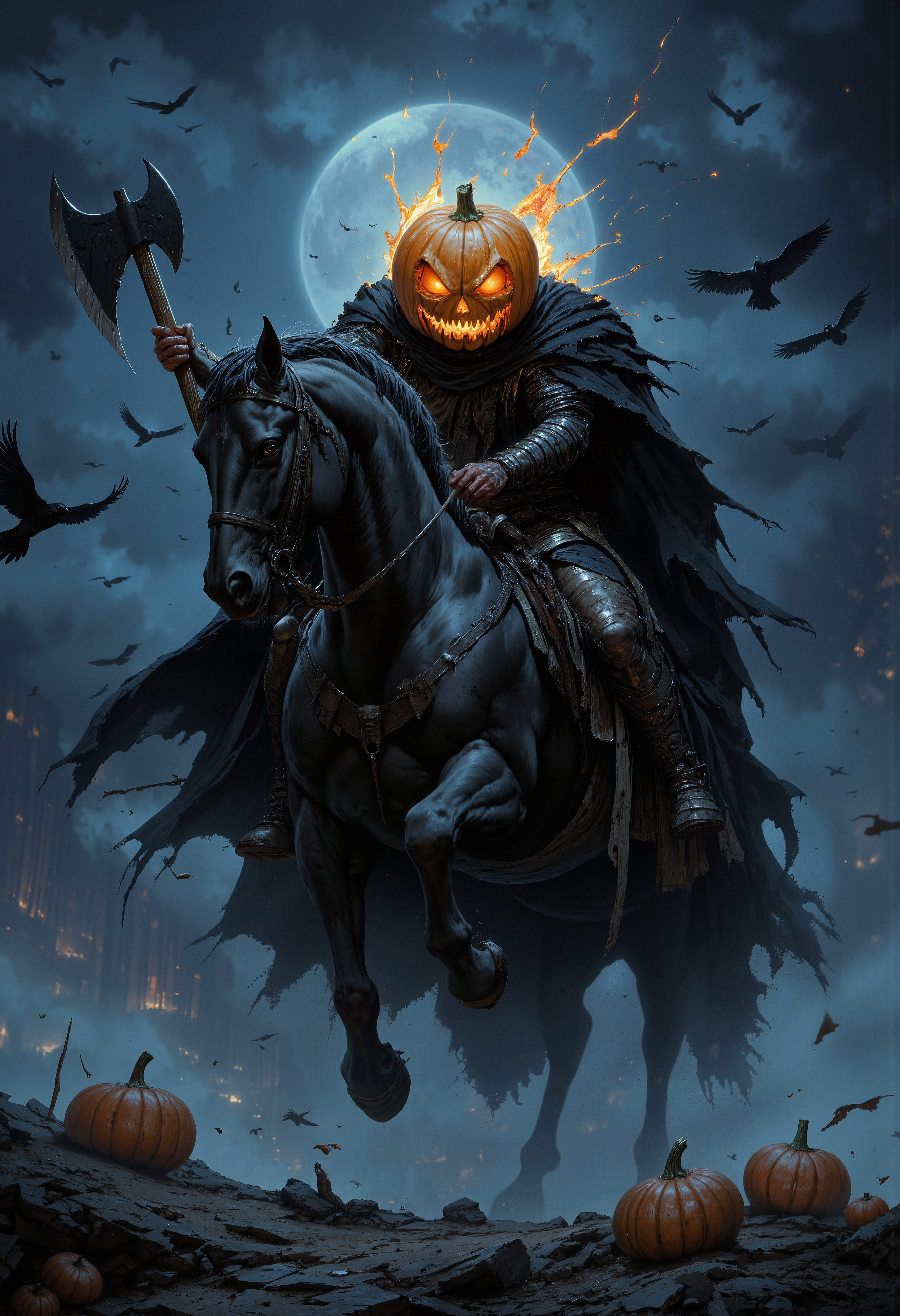 A headless horseman riding a dark, menacing horse. The rider has a pumpkin as a head, with a menacing grin carved into it, glowing orange eyes, and a fiery aura radiating from the carved sections. He holds a raised axe in his right hand, with a dark, jagged blade. The horse is muscular, black, and its eyes and mouth emit a glowing orange light, matching the rider's head. The horse is adorned with torn, eerie cloths and has two small glowing pumpkins attached to its side. The background is a misty night, with a blue glow from the moonlight and scattered dark clouds, creating an ominous, supernatural atmosphere. A group of crows fly in the sky, enhancing the eerie vibe.   <lora:FluxMythP0rtr4itStyle:0.8> MythP0rt, <lora:aidmaMJ6.1-FLUX-V0.2:0.6> aidmaMJ6.1, <lora:sxz-Dark-Fantasy-v2-Flux:0.66> drkfnts style, <lora:flux.1_lora_flyway_Epic-Characters_v1:0.43>